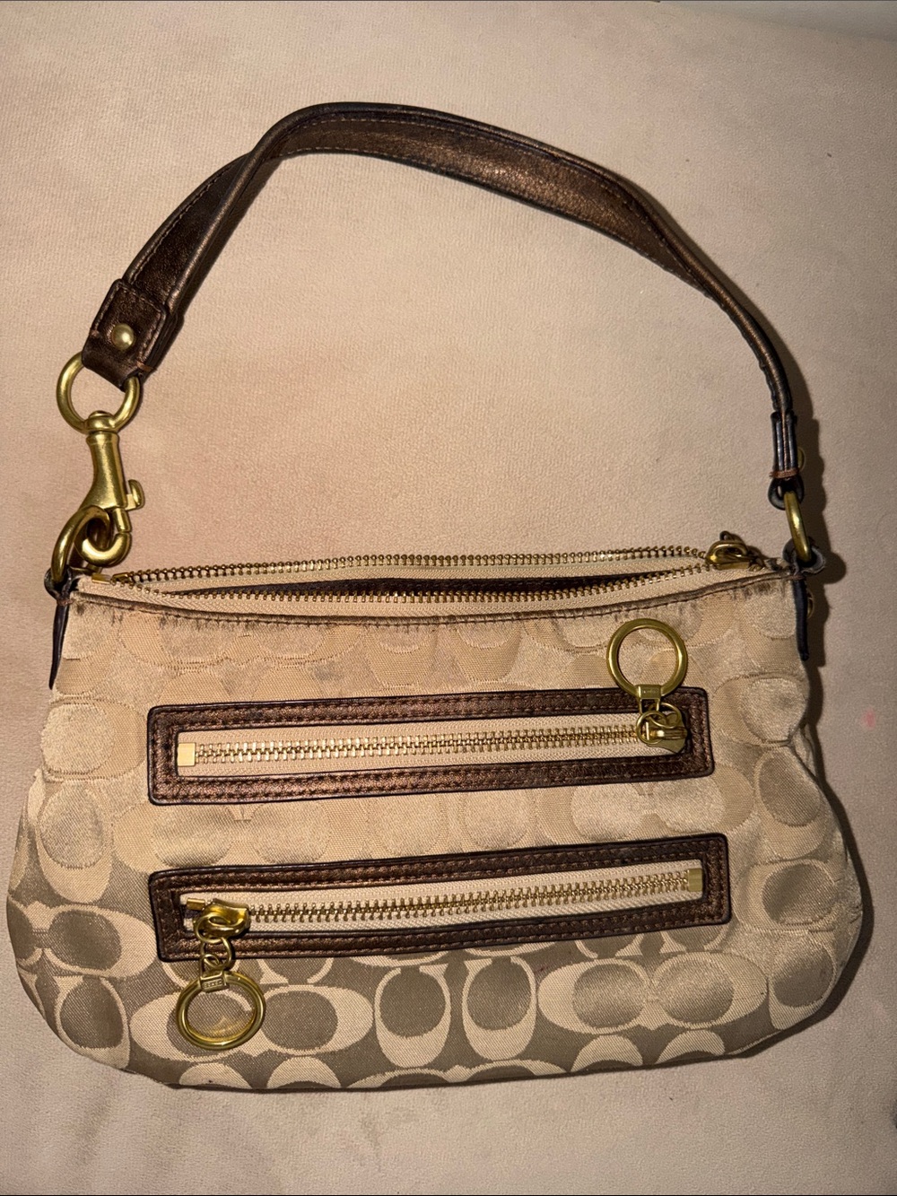 Coach poppy Beige Signature Canvas Shoulder Bag with Brown Trim